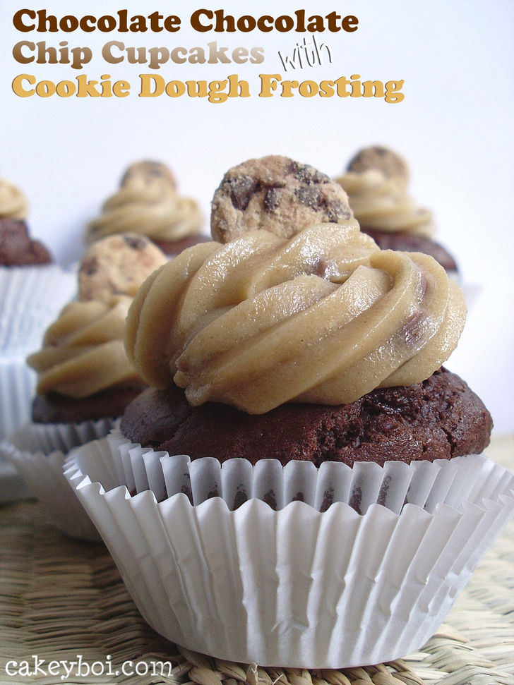 Cupcake Recipes - Chocolate Chocolate Chip Cupcakes with Cookie Dough Frosting.