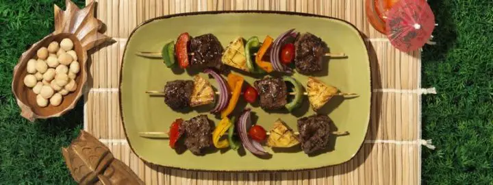 As mentioned previously, the key is to be as creative as you want with kabob recipes. These delicious grilled kabobs offer Hawaiian flavors with chunks of sweet grilled pineapple for a delicious combination.