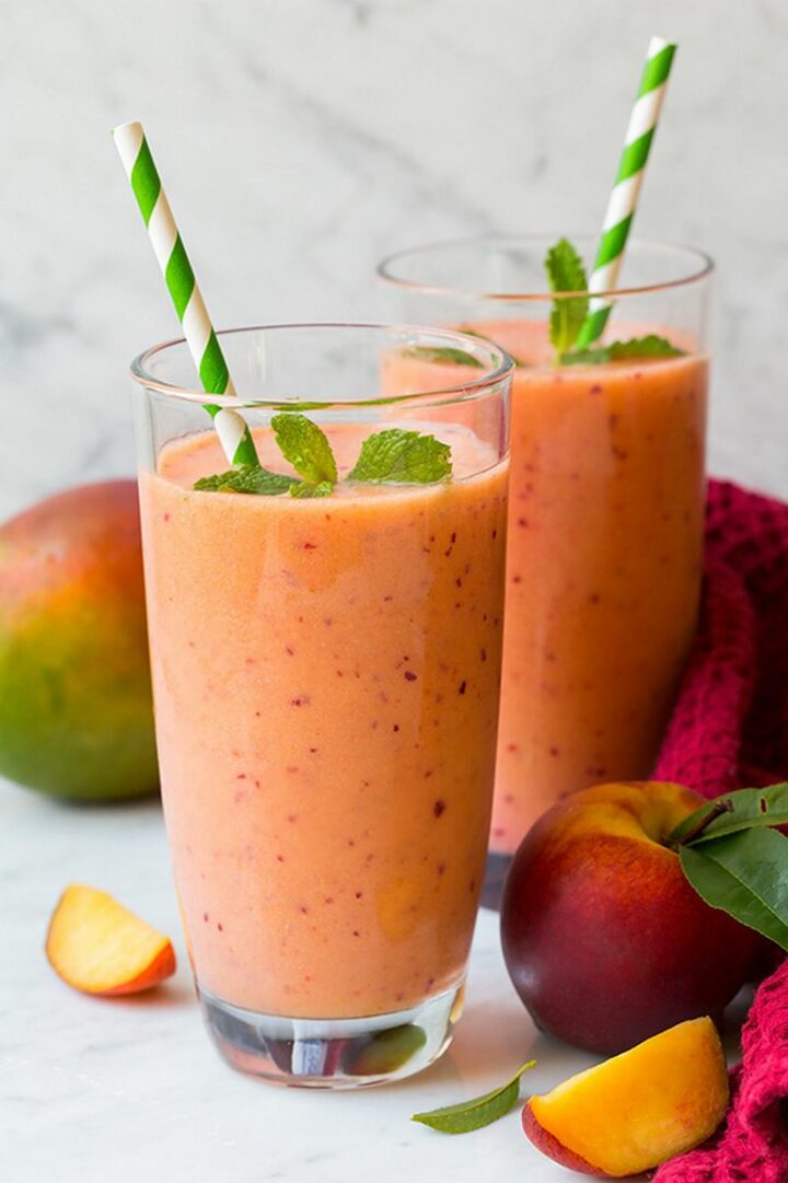 Mango Peach and Strawberry Smoothie.