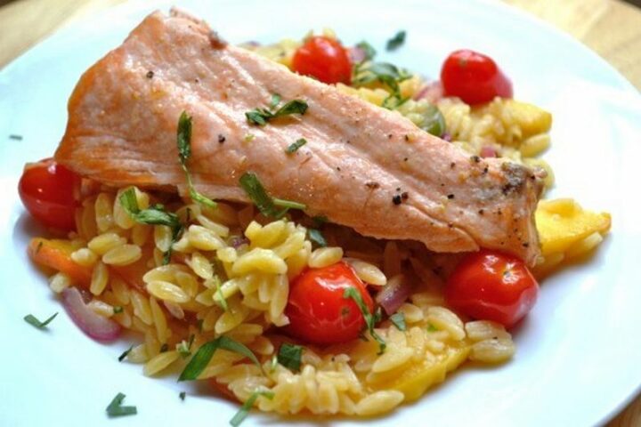 Salmon with Warm Peach Orzo Recipes.